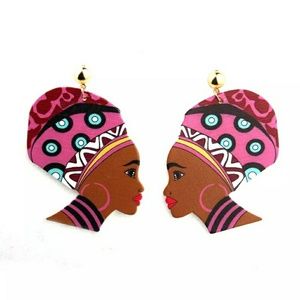 African Headwrap Wooden Painted Earrings